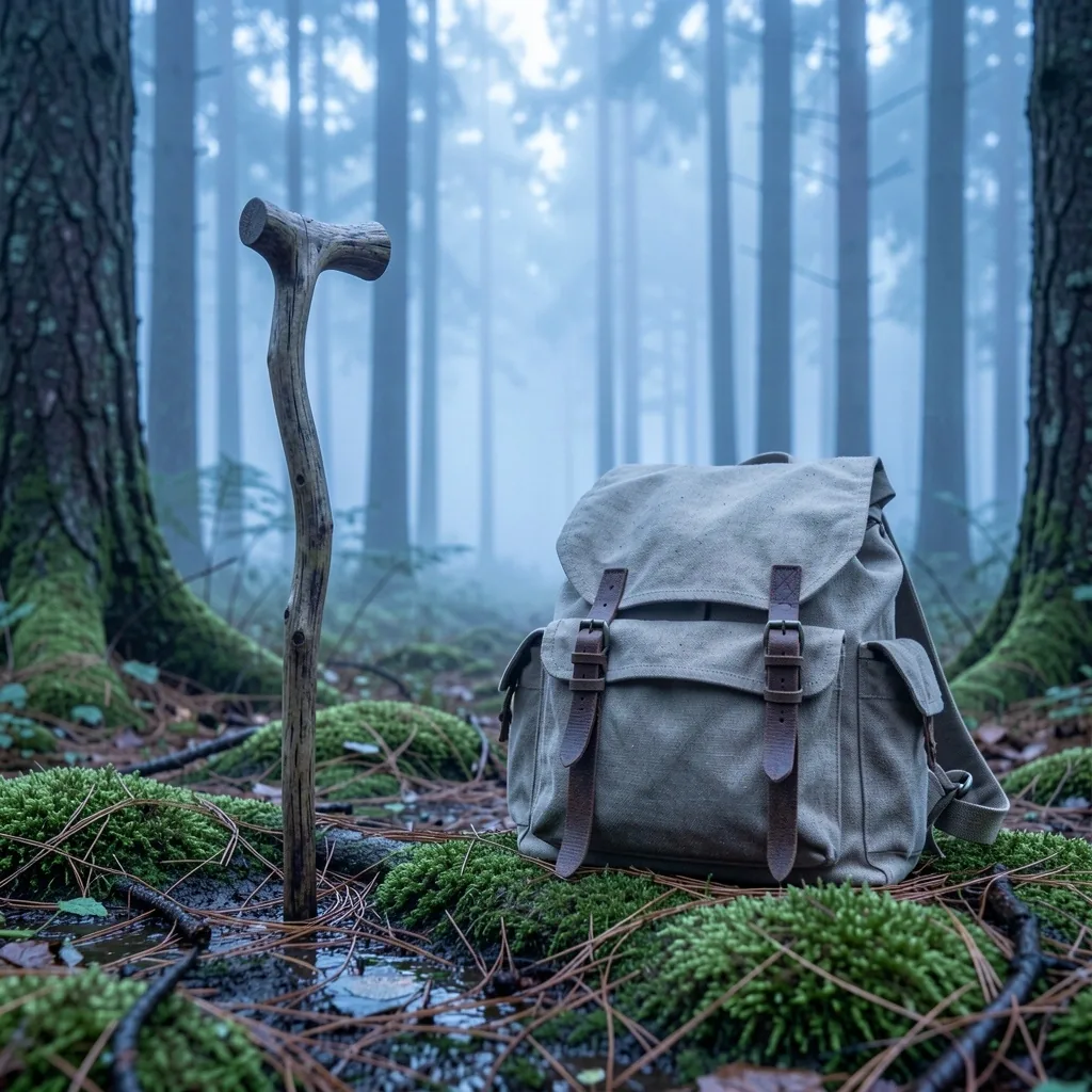 Bâton et sac sur sol forestier