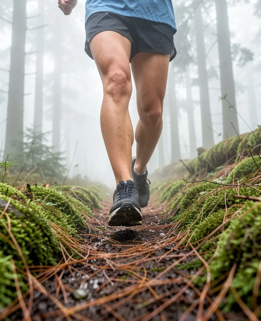 Course sur sentier en forêt à l'aube