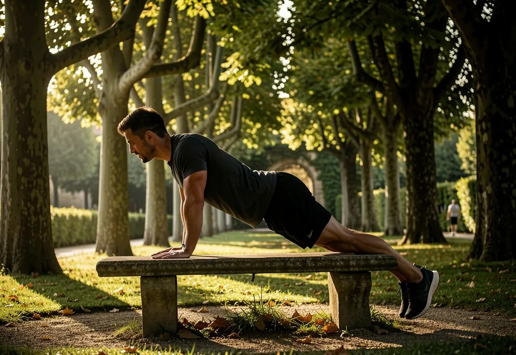 Personne faisant des pompes sur un banc de parc bordelais