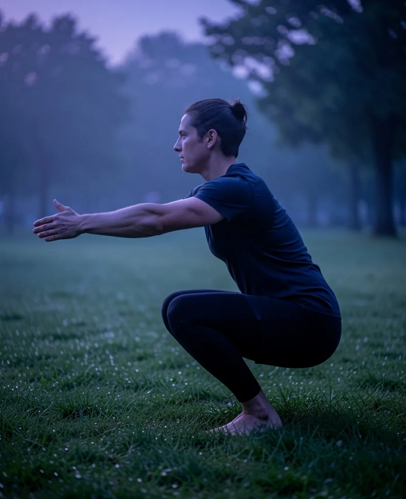 Personne en position de mobilité profonde, squat nu-pieds sur herbe