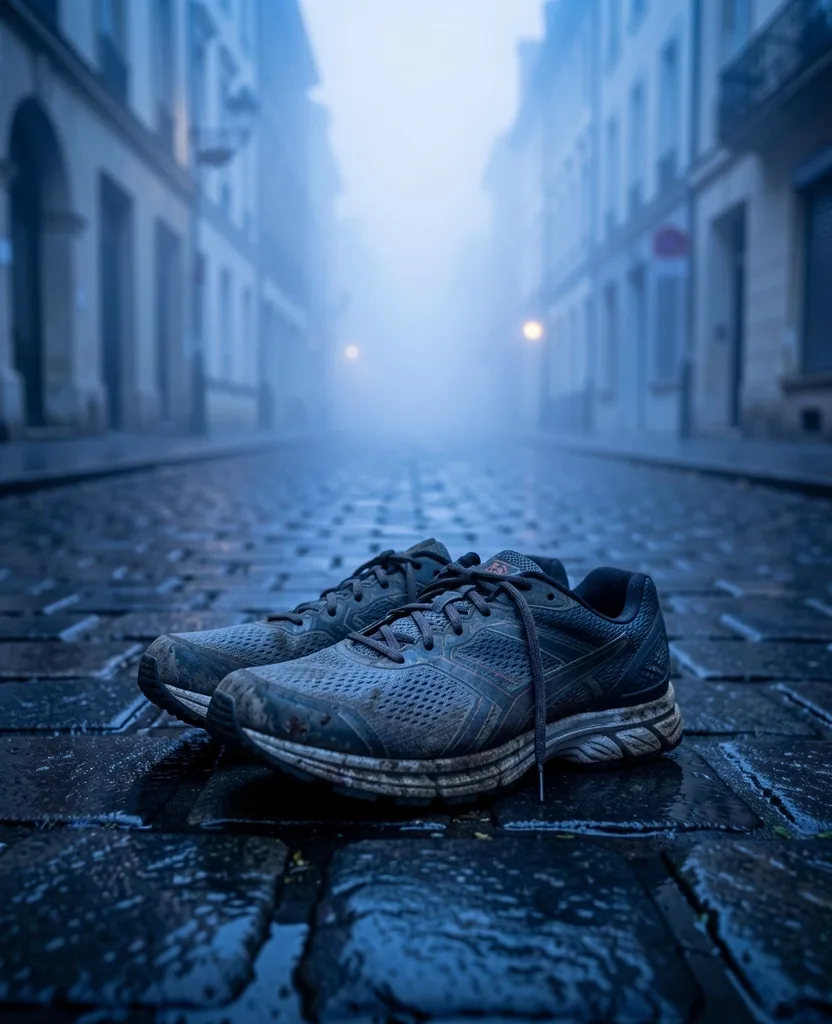 Chaussures d'entraînement posées sur pavés humides à l'aube