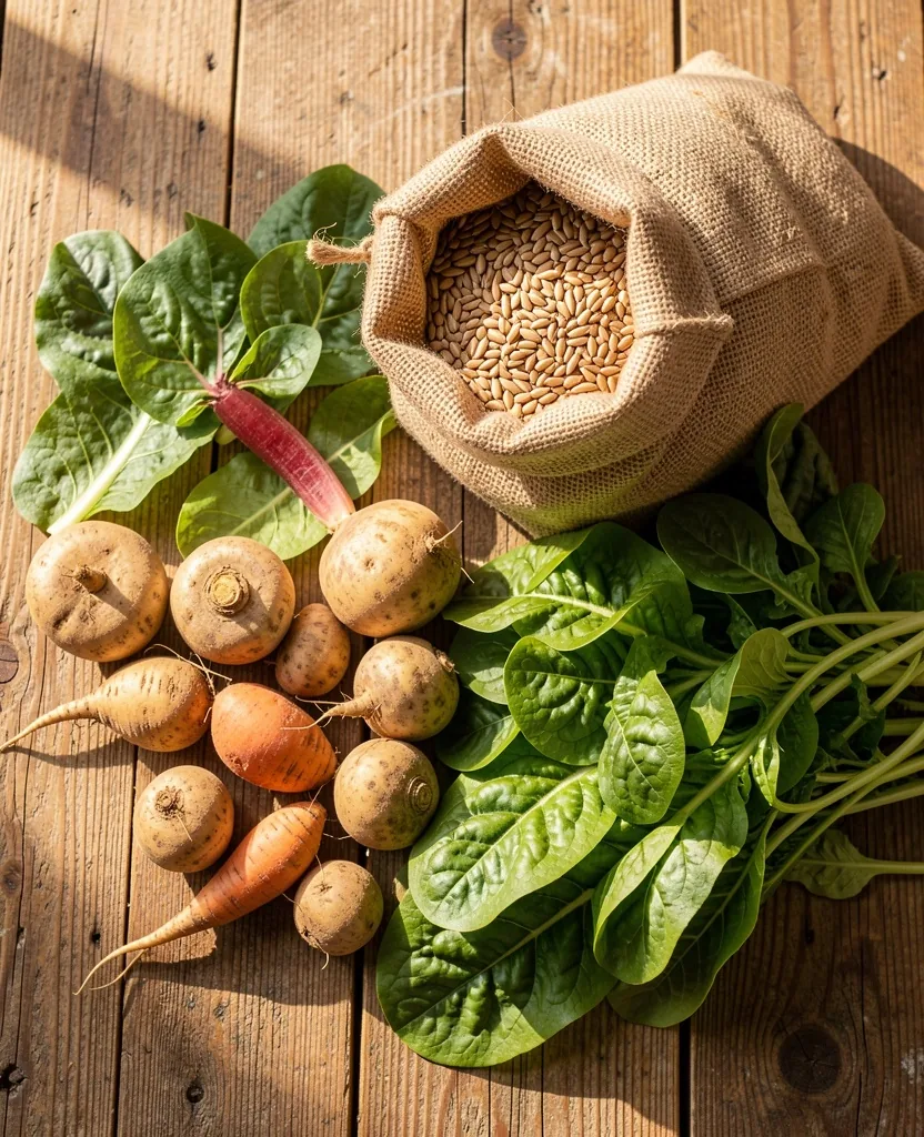 Aliments entiers de saison disposés sur une table rustique