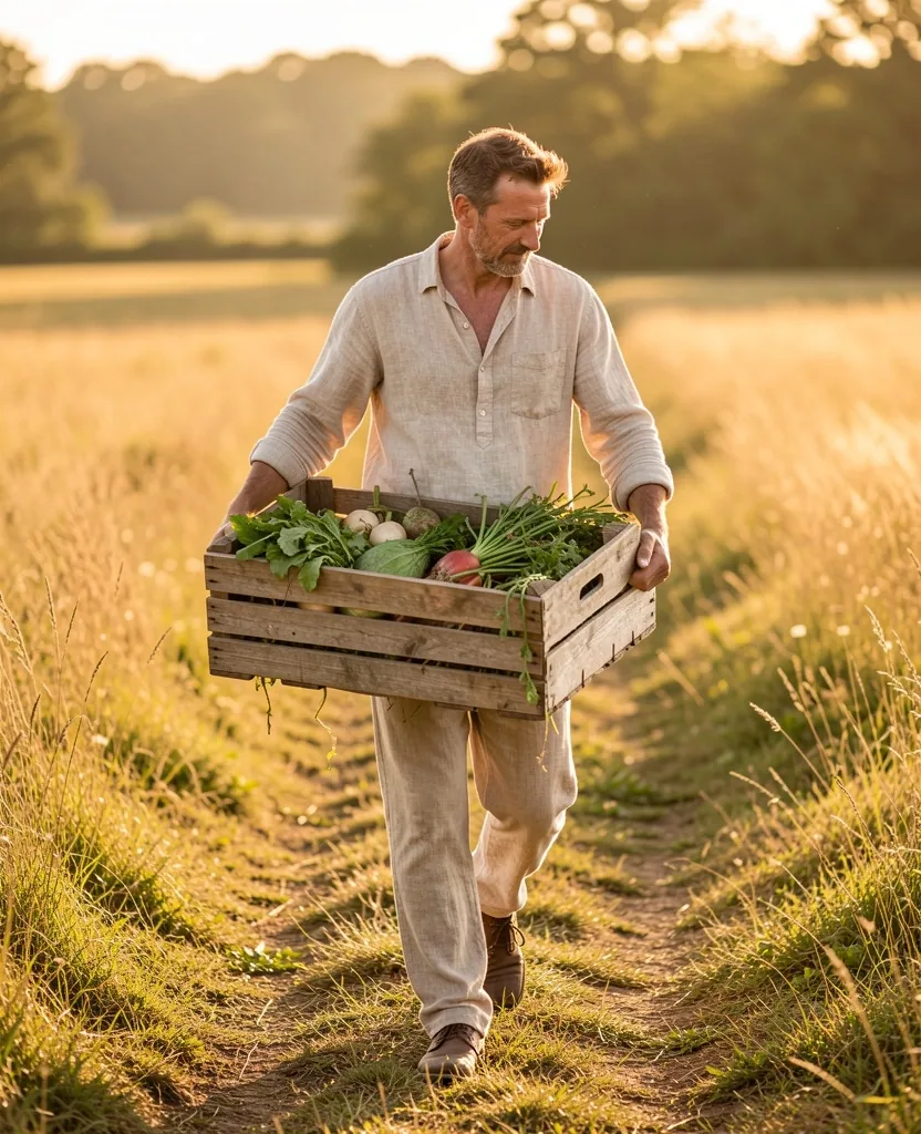 Personne portant une caisse de légumes dans un champ